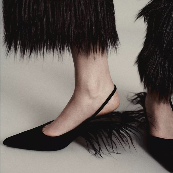 ZARA Leather Slingback Heels With Faux Fur